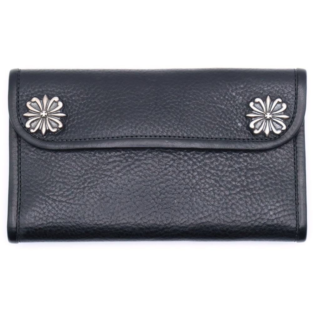 コンチョ付き クロスモチーフ レザー トラッカーウォレット 財布 ブラック/ブルー Bランク