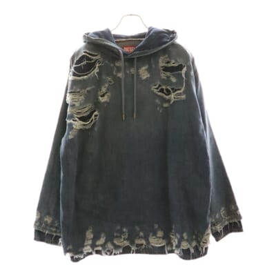 23SS D-UM Denim Hoodie クラッシュ加工 デニム プルオーバースウェットパーカー フーディー インディゴ A09691 Aランク
