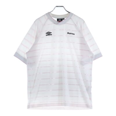 25SSxUMBRO Stripe Soccer Jersey アンブロ ストライプサッカージャージ 半袖Tシャツカットソー ホワイト/ピンク Bランク