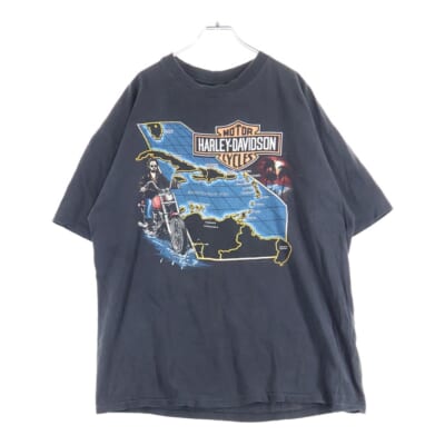 90S VINTAGE フロント モーターサイクルプリント 半袖Tシャツカットソー ブラック Bランク