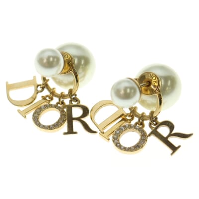 トライバル ロゴ ラインストーン フェイクパール ピアス GP ゴールド E1411TRICY Aランク