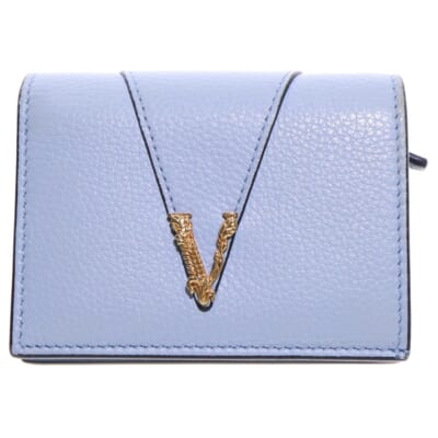 ヴェルサーチ メデューサ 二つ折り財布 コンパクトウオレット コインケース ライトブルー レザー ゴールド金具 Bランク