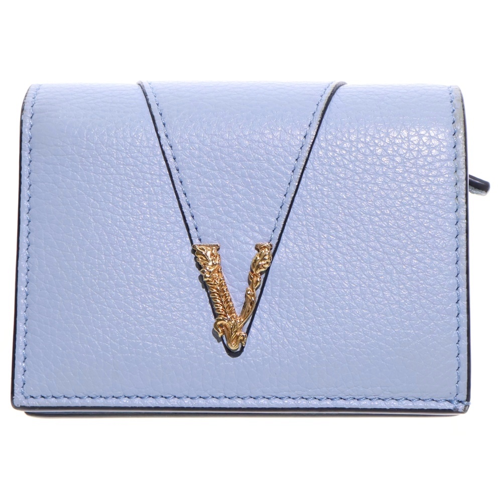 ヴェルサーチ メデューサ 二つ折り財布 コンパクトウオレット コインケース ライトブルー レザー ゴールド金具 Bランク