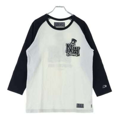 両面ロゴプリント ラグラン ベースボール 長袖Tシャツ カットソー ブラック/ホワイト Bランク