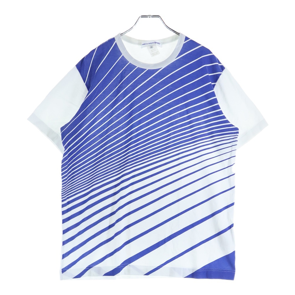 トルコ製 バイアスストライプ クルーネック 半袖Tシャツ カットソー ブルー/ホワイト S25112 Bランク