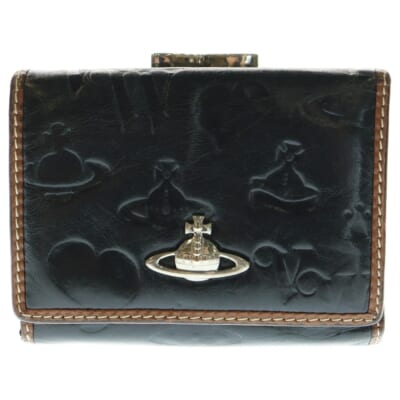 アウトサイドステッチ オーブロゴプレート レザー 三つ折り コンパクトウォレット 財布 ブラック/ブラウン Bランク