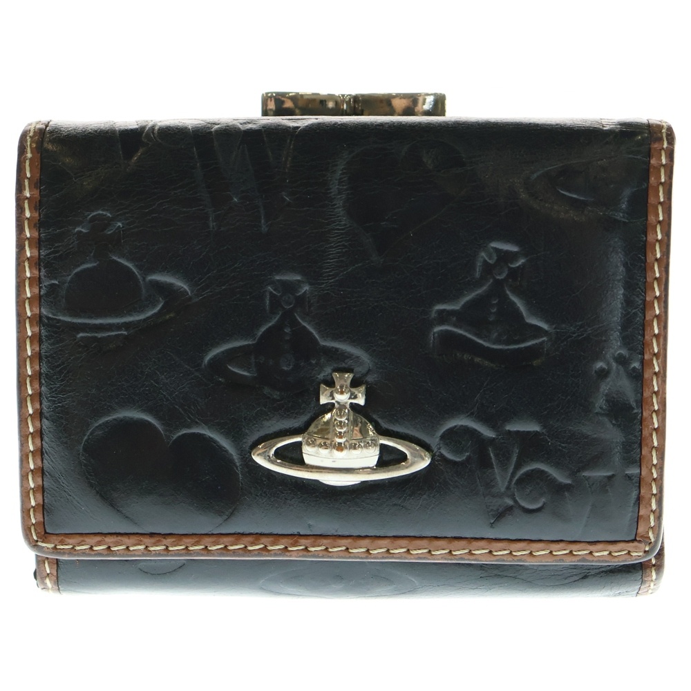 アウトサイドステッチ オーブロゴプレート レザー 三つ折り コンパクトウォレット 財布 ブラック/ブラウン Bランク