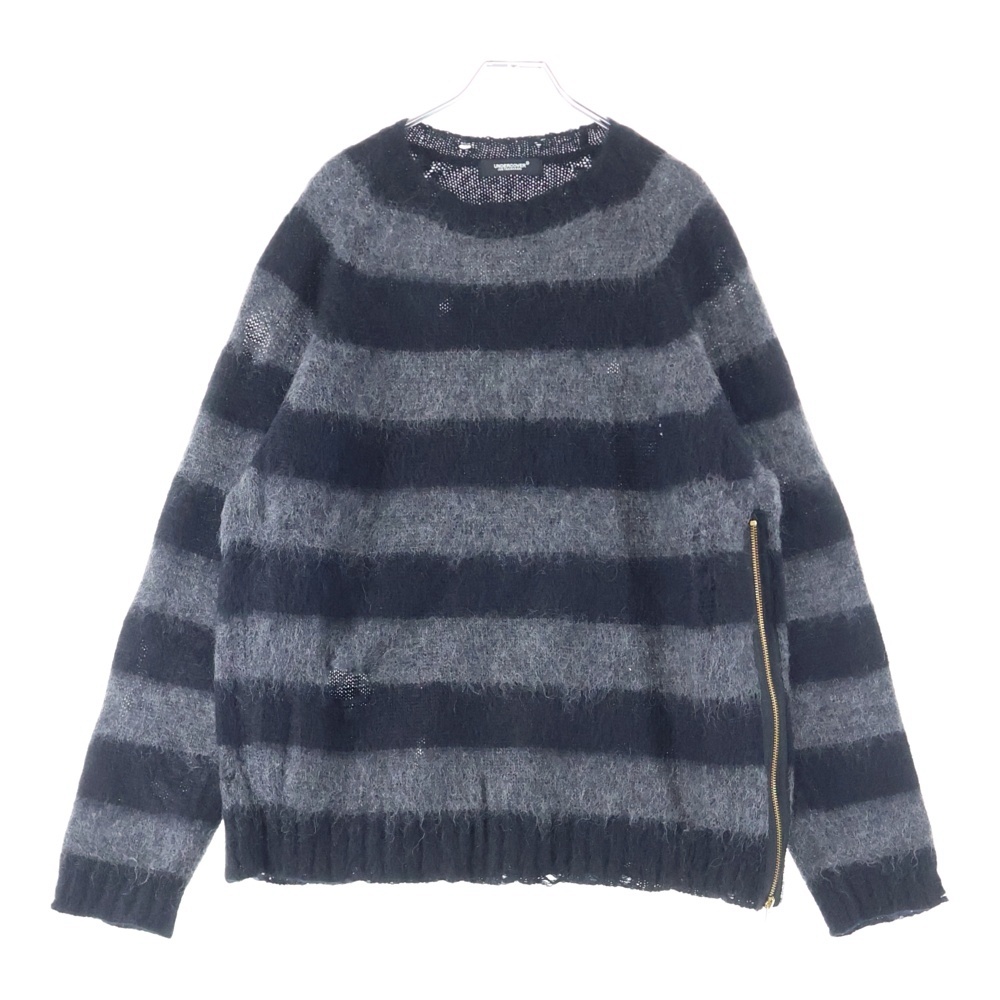 モヘヤ混 サイドジップ ダメージ ボーダー クルーネック ニットセーターブラック/グレー UC2B9903-2 Bランク