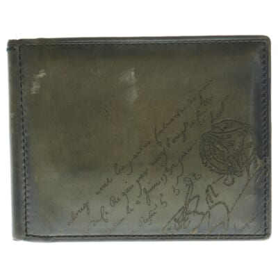 スクリットレザー カリグラフィ マネークリップ付 ウォレット 二つ折り財布 カーキ Bランク