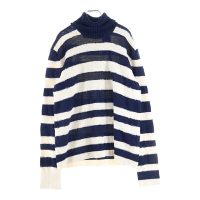 アルパカ混 ハイネック ボーダーニット セーター ネイビー/ホワイト Bランク