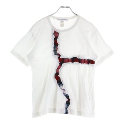 チェック切替 コットン クルーネック 半袖シャツ カットソー ホワイト FJ-T007 Bランク