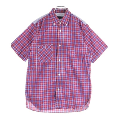 17SS AD2016 ストライプ切り替え 半袖 チェックシャツ レッド HS-B029 Bランク