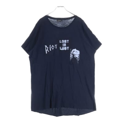 フロントパッチワーク ロゴプリント クルーネック 半袖Tシャツカットソー ブラック Bランク