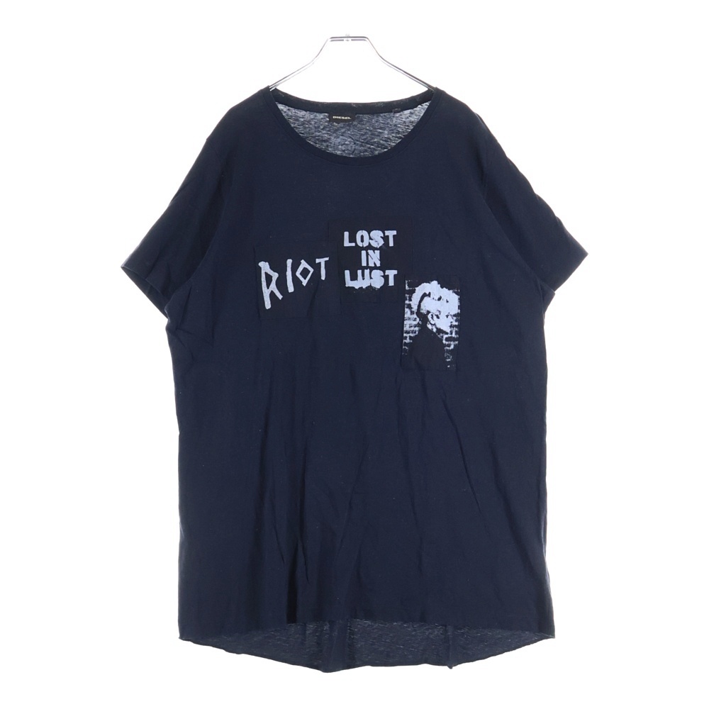 フロントパッチワーク ロゴプリント クルーネック 半袖Tシャツカットソー ブラック Bランク