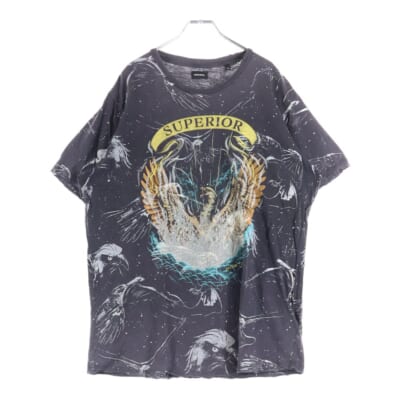 ダメージ加工グラフィックプリント クルーネック 半袖Tカットソー チャコールグレー Bランク