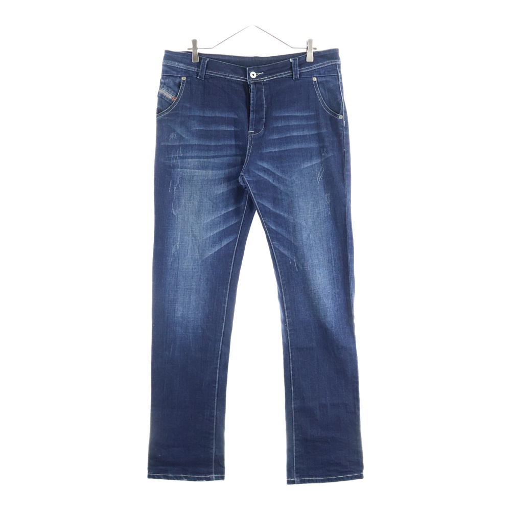 バックホワイトレザーパッチ ボタンフライ ストレートデニムパンツ インディゴ Bランク