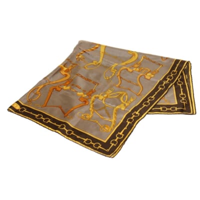 ホースビット 金具柄 プリント シルクスカーフ ブラウン/ベージュ Bランク