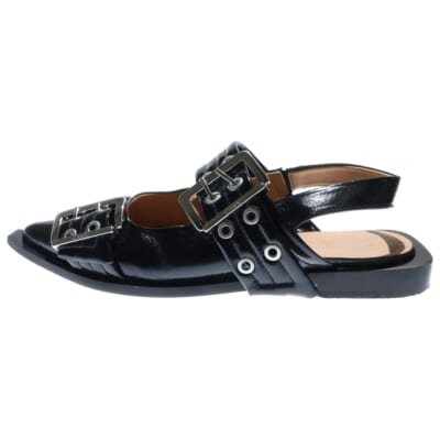 バックル フラットパンプス アイレットベルト ストラップ ローカットシューズ ブラック レディース Bランク