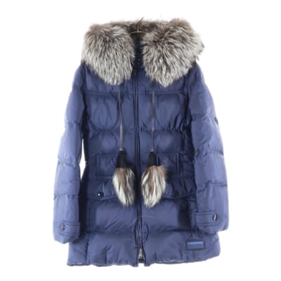 ラバーワッペンロゴ  タッセル フーデッド ジップアップ ダウン ロング ジャケット コート ネイビー レディース 291277 Bランク