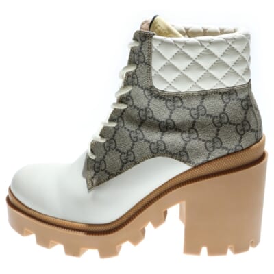 GGスプリーム キルティング ヒール レザー レースアップ アンクルブーツ ハイカットシューズ ベージュ レディース 659691 Bランク