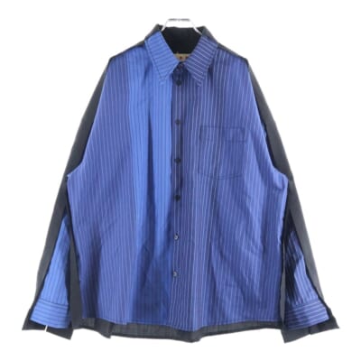 24SS ストライプ ストライプ切替デザイン フロントポケット 長袖シャツ ブルー/ブラック CUMU0278UD UTWA14 Aランク