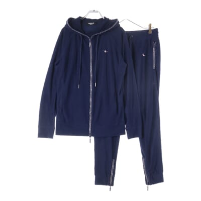 ラインストーン付き タオル地 ワンポイントロゴ ジップアップパーカー フーディ セットアップ ドローコード付き イージーパンツ ネイビー Bランク