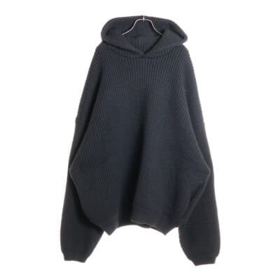 袖ワンポイントロゴ ワッフル地 プルオーバーパーカー ニットセーター ブラック Aランク