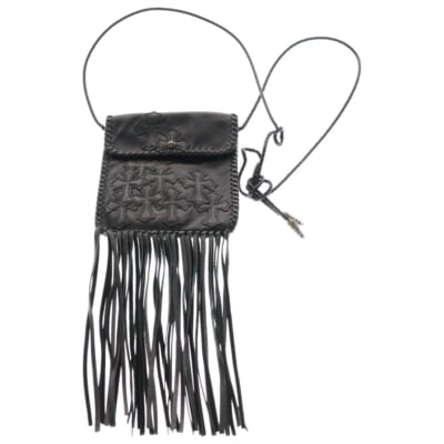 BAG-FLAT HIPPIE FRINGE ヒッピー クロスパッチ フリンジ装飾レザーショルダーバッグ ブラック Aランク