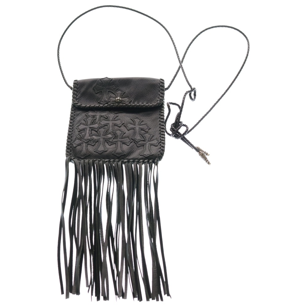 BAG-FLAT HIPPIE FRINGE ヒッピー クロスパッチ フリンジ装飾レザーショルダーバッグ ブラック Aランク
