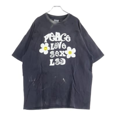 24SS T-SHIRT PEACE ピース 両面プリント ダメージ加工 クルーネック カットソー 半袖Tシャツ ブラック RE-CO-BK-00-00-280 Bランク