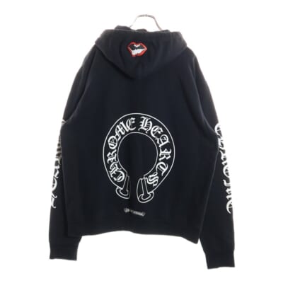 SWTSHRT PLVR 袖フローラル バックホースシュープリント プルオーバーパーカー ブラック/ホワイト Bランク