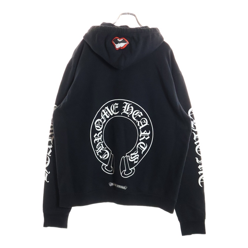 SWTSHRT PLVR 袖フローラル バックホースシュープリント プルオーバーパーカー ブラック/ホワイト Bランク