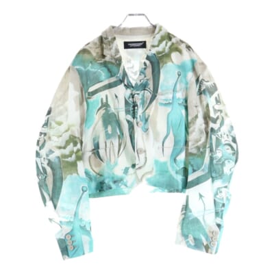 25SS 総柄 クロップドジャケット リネンテーラードジャケット ベージュ/ブルー UC1E4106-2 Sランク