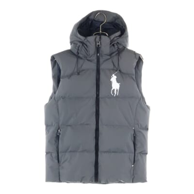 ロゴ刺繍 フーデッド ジップアップ ダウンベスト グレー Bランク
