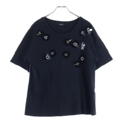 フラワー ビジュー装飾 半袖Tシャツ カットソー ブラック レディース Bランク