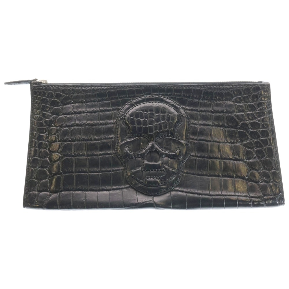 Crocodile Skull Clutch クロコダイル レザー スカルクラッチバッグ ハンドバッグ セカンドバッグ ブラック Aランク