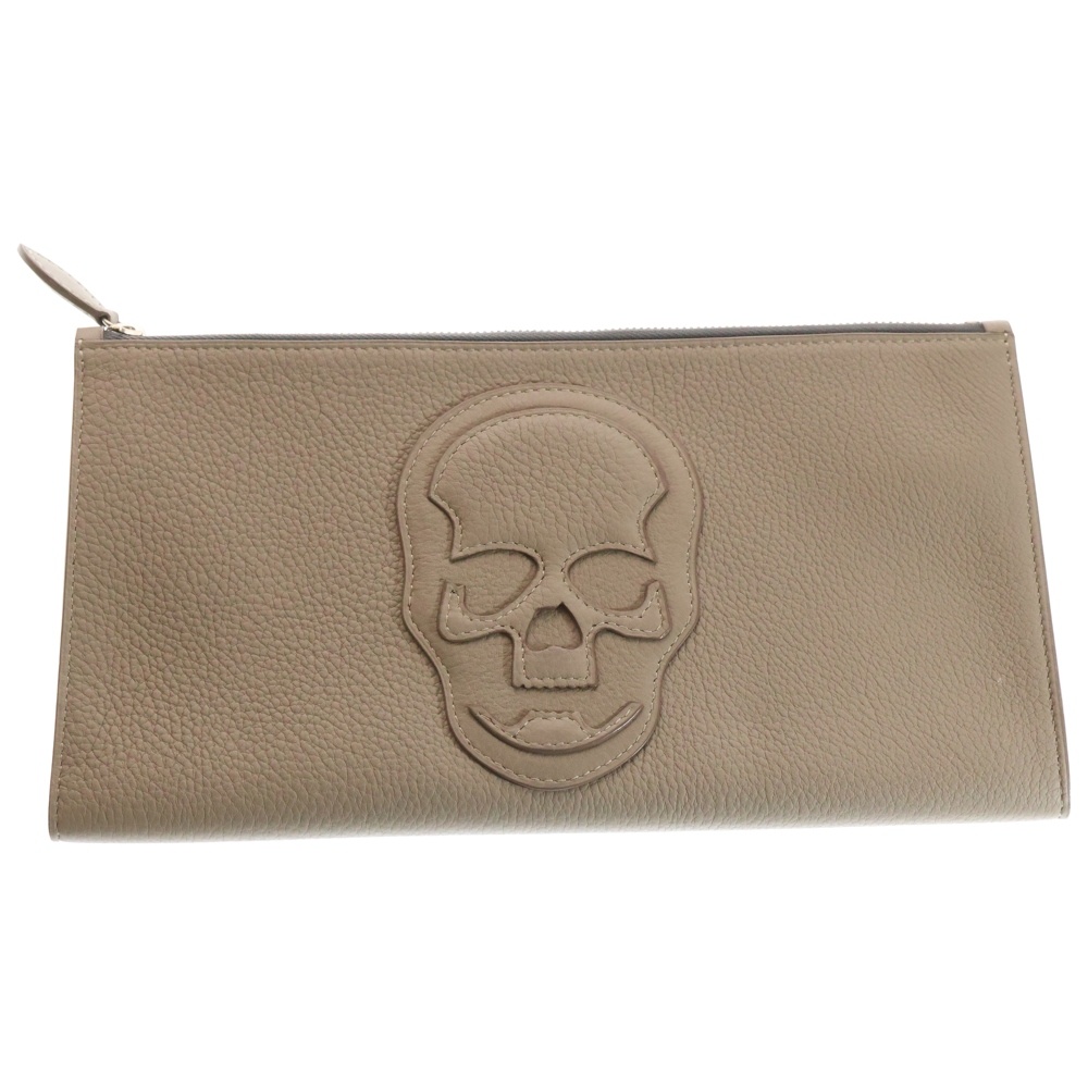 Skull Clutch レザー スカルクラッチバッグ ハンドバッグ セカンドバッグ ベージュ Aランク