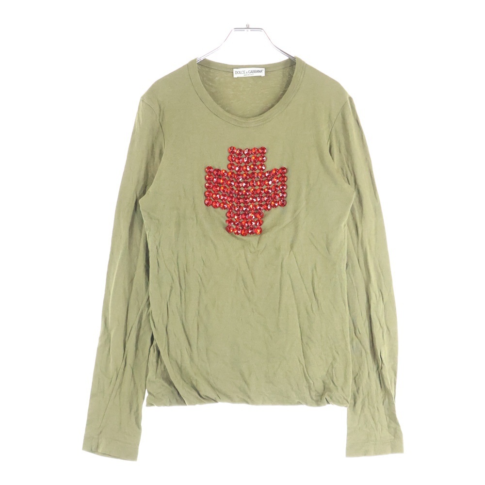 Cross Red Beads Long Sleeve T-Shirt クロスレッドビーズロングスリーブTシャツ ビーズ装飾 十字架モチーフクルーネック長袖Tシャツ レッド/カーキ Bランク