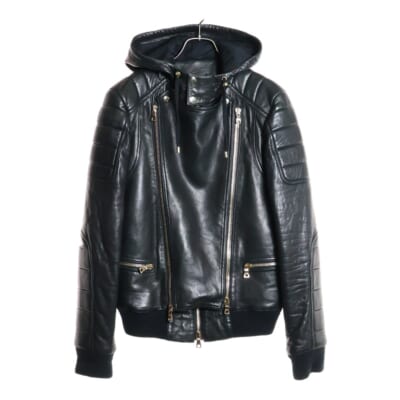 フーデット ラムスキン レザー ライダースジャケット ブラック 62 C896 D592 Aランク