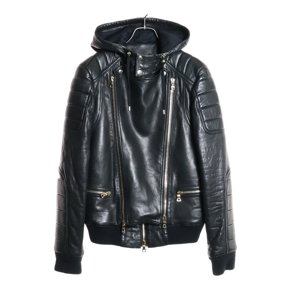 フーデット ラムスキン レザー ライダースジャケット ブラック 62 C896 D592 Aランク