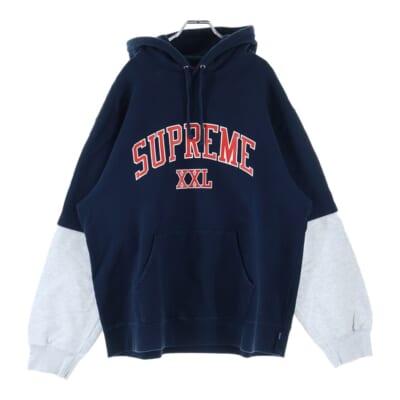 20SS XXL Hooded Sweat Shirts アーム切り替え アーチロゴプリント プルオーバーパーカー ネイビー/アッシュ Bランク