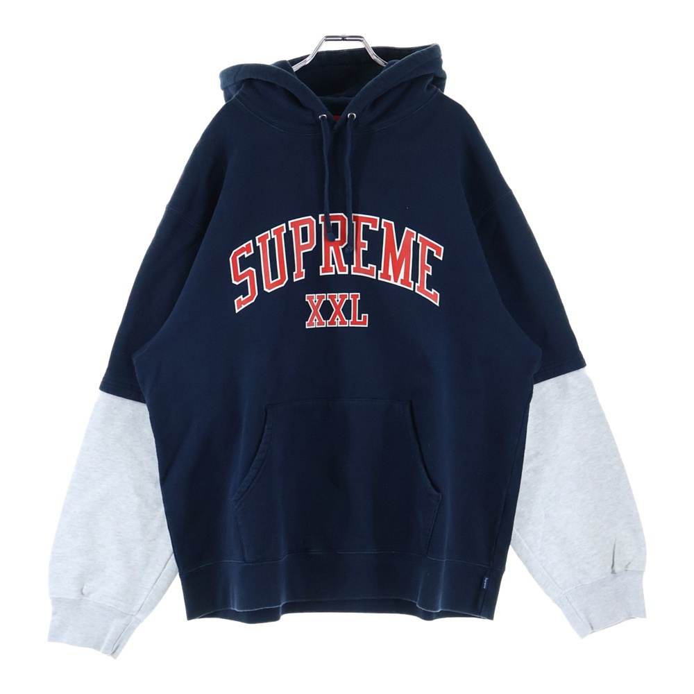 20SS XXL Hooded Sweat Shirts アーム切り替え アーチロゴプリント プルオーバーパーカー ネイビー/アッシュ Bランク