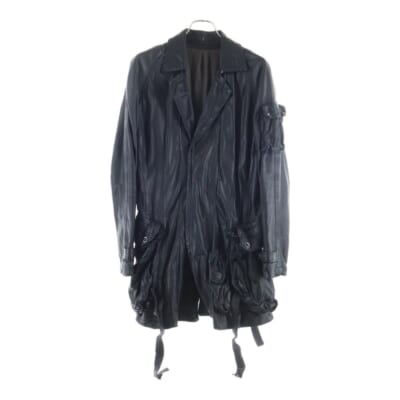 08 AUTUM AND WINTER COLECTION ガスマスク フロントボタン カウスキン レザーコートブラック Bランク