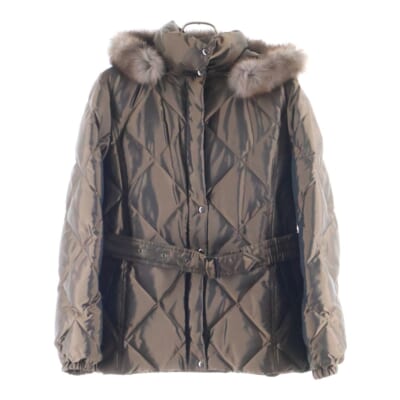 裏地ノバチェック総柄 キルティング ブルー フーデッド ジップアップ ダウンジャケット ブラウン レディース FS032-931-55 Aランク