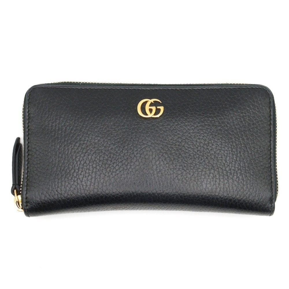 GGマーモント ラウンドファスナー ロングウォレット カードケース 長財布 ブラック レザー 456117 ゴールド金具 Bランク