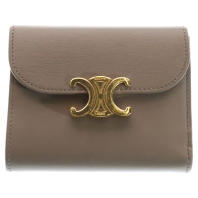 トリオンフ 三つ折り財布 スモールフラップ コンパクトウォレット グレージュ レザー ゴールド金具 Bランク