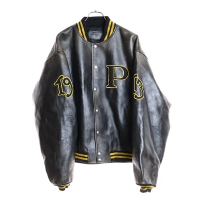 ロゴワッペン付ヴィンテージ加工レザーボンバージャケット ブルゾン ブラック/イエロー UPW518 Sランク