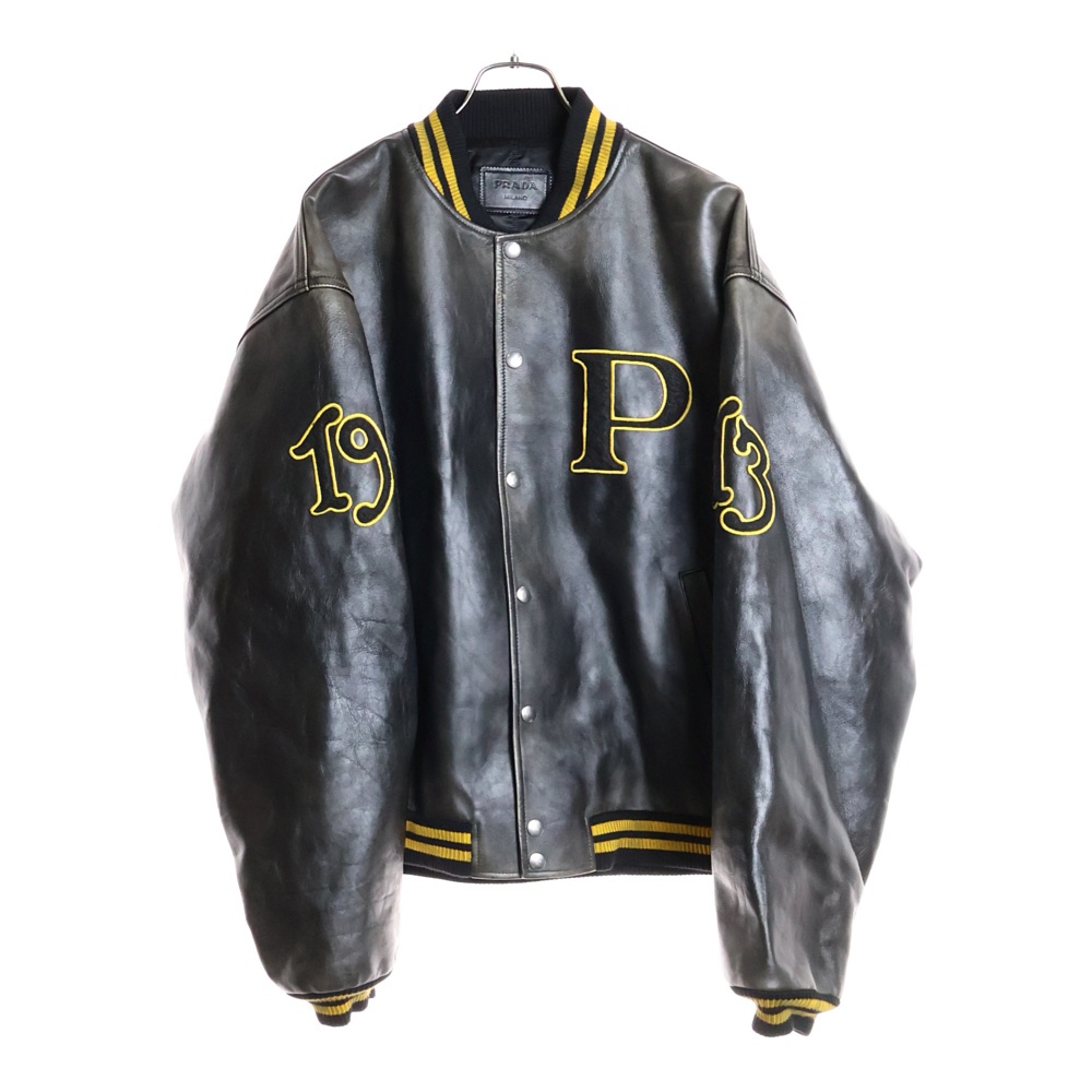 ロゴワッペン付ヴィンテージ加工レザーボンバージャケット ブルゾン ブラック/イエロー UPW518 Sランク