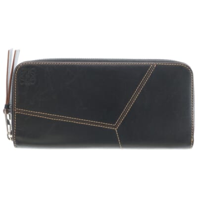 パズル ステッチ オープンウォレット ロングウォレット 長財布 カードケース ブラック レザー シルバー金具 Bランク