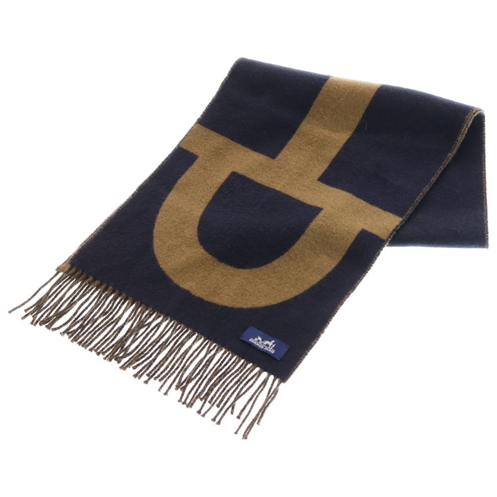 ホースビット マフラー フリンジ ストール ブラウン×ネイビー カシミヤ Aランク